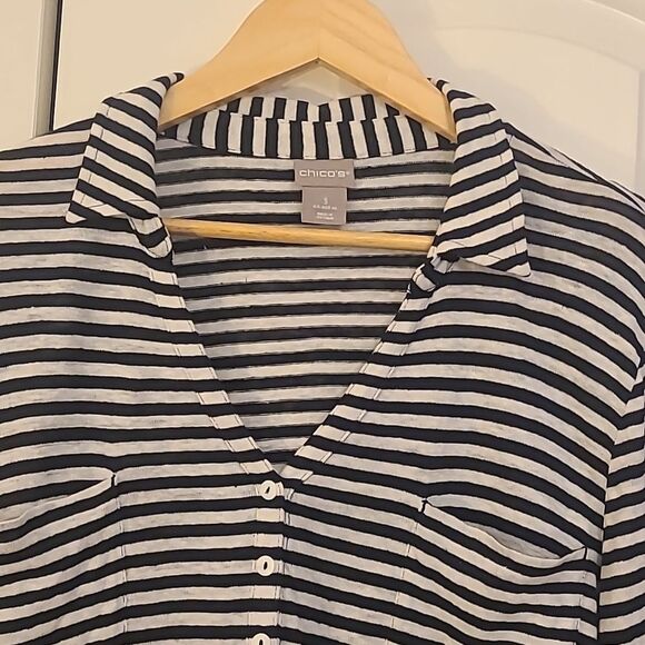 Chico's Striped Linen Pocket Top Navy White Stripe Size 3 Petite - Picture 6 of 10